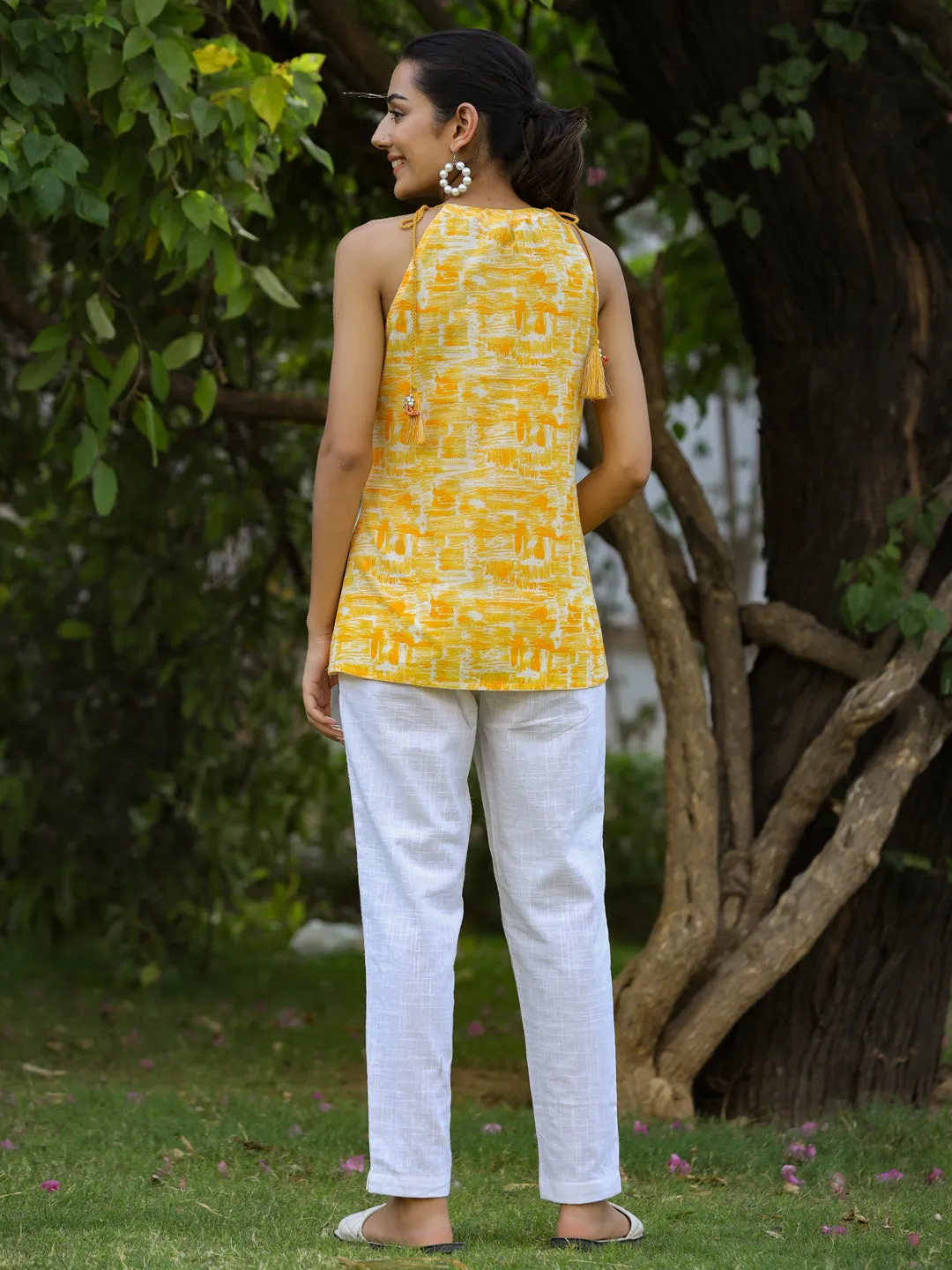 Yellow Ethnic Printed Cotton Tie Up Top