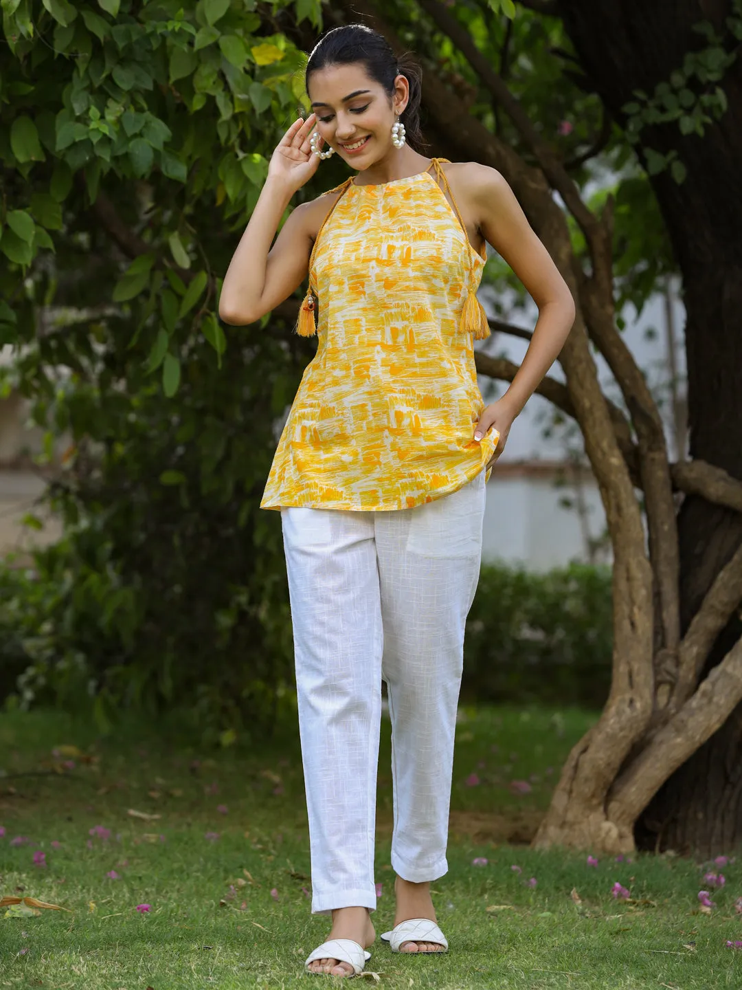 Yellow Ethnic Printed Cotton Tie Up Top