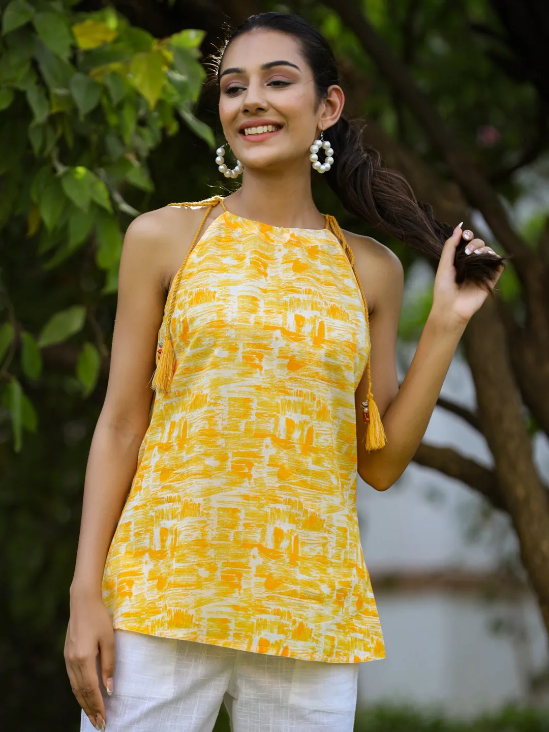 Yellow Ethnic Printed Cotton Tie Up Top