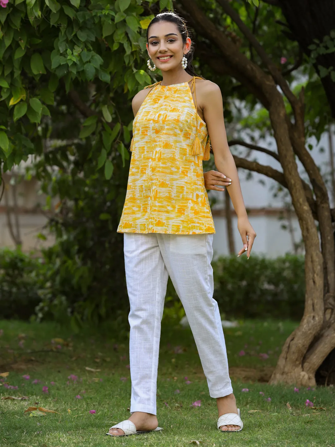 Yellow Ethnic Printed Cotton Tie Up Top