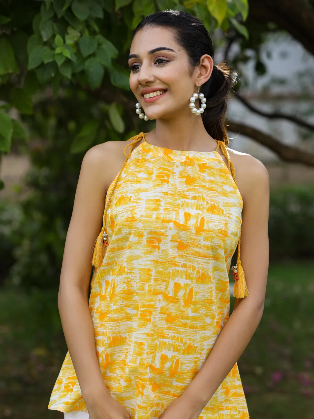 Yellow Ethnic Printed Cotton Tie Up Top