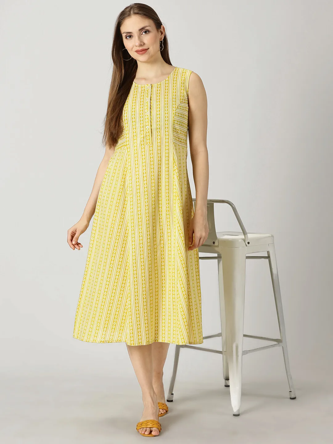 Yellow Panelled Printed Cotton A-line Dress