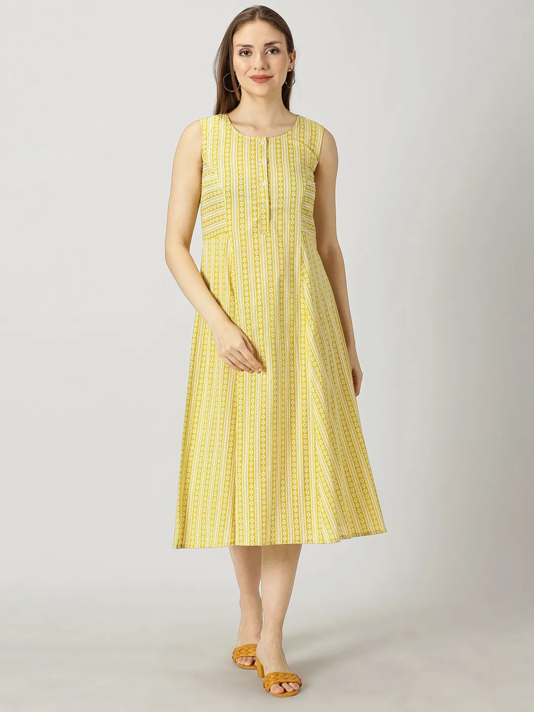 Yellow Panelled Printed Cotton A-line Dress