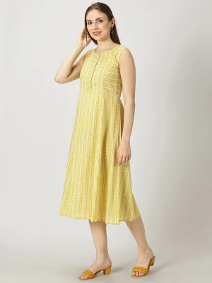 Yellow Panelled Printed Cotton A-line Dress