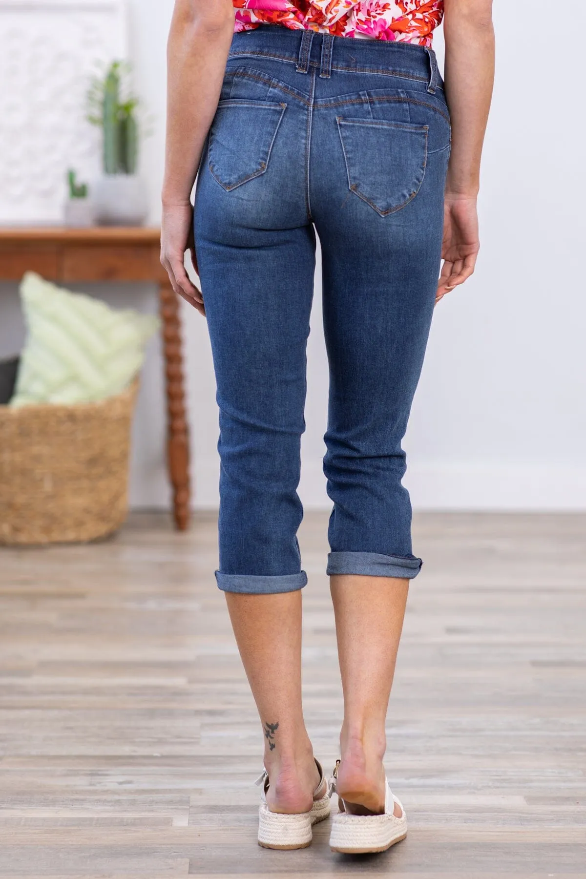 YMI Dark Wash High Rise Roll Cuff Capris