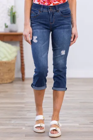 YMI Dark Wash High Rise Roll Cuff Capris