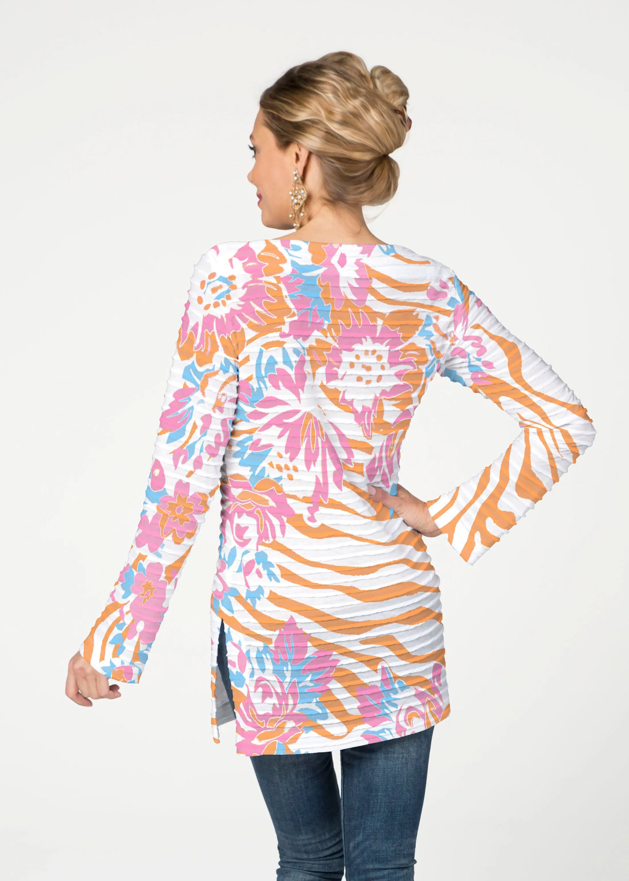 Zebra Posy Orange (8119) ~ Banded Boatneck Tunic