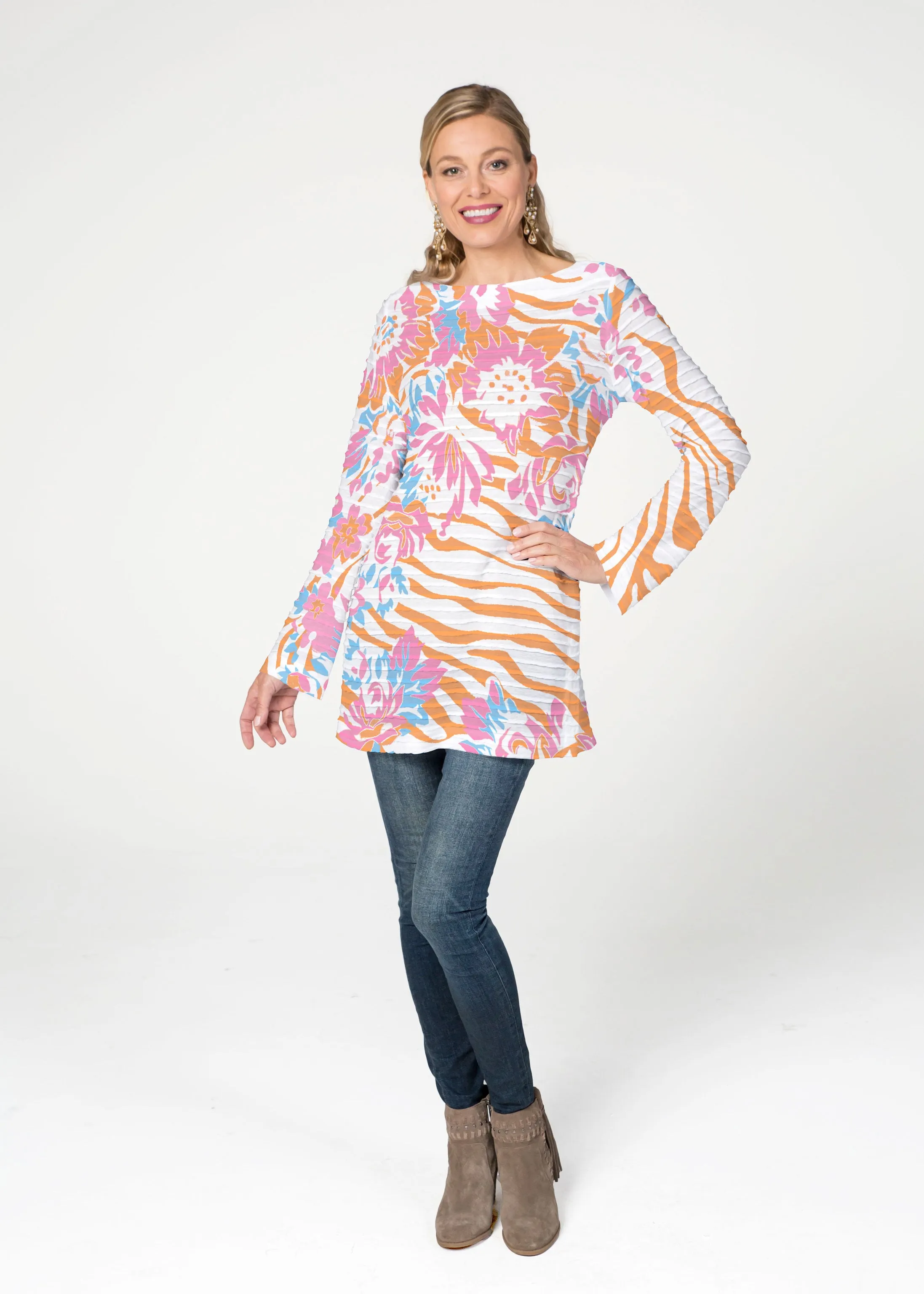 Zebra Posy Orange (8119) ~ Banded Boatneck Tunic
