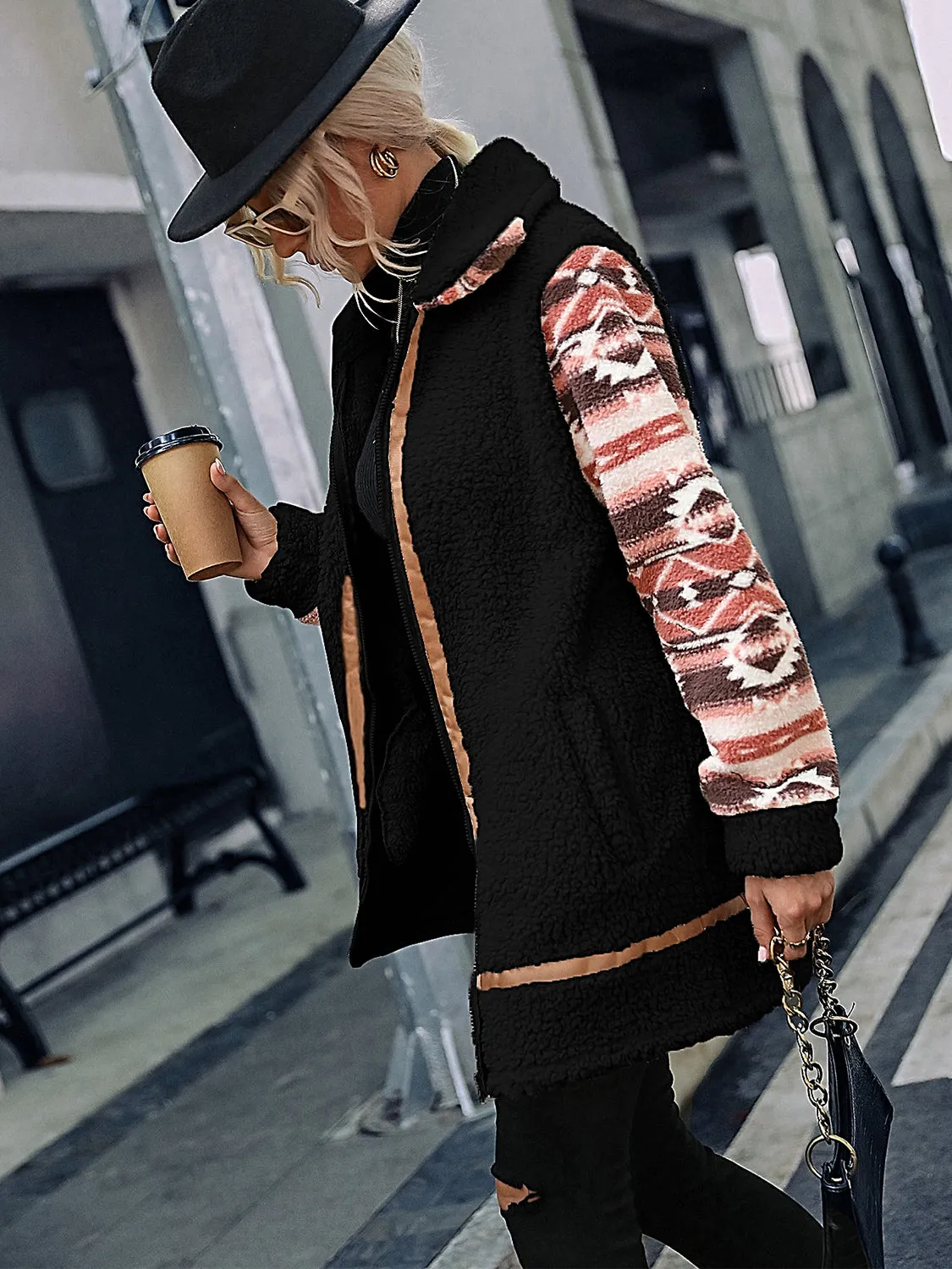 Ziggy Geometric Zip-Up Collared Sherpa Jacket