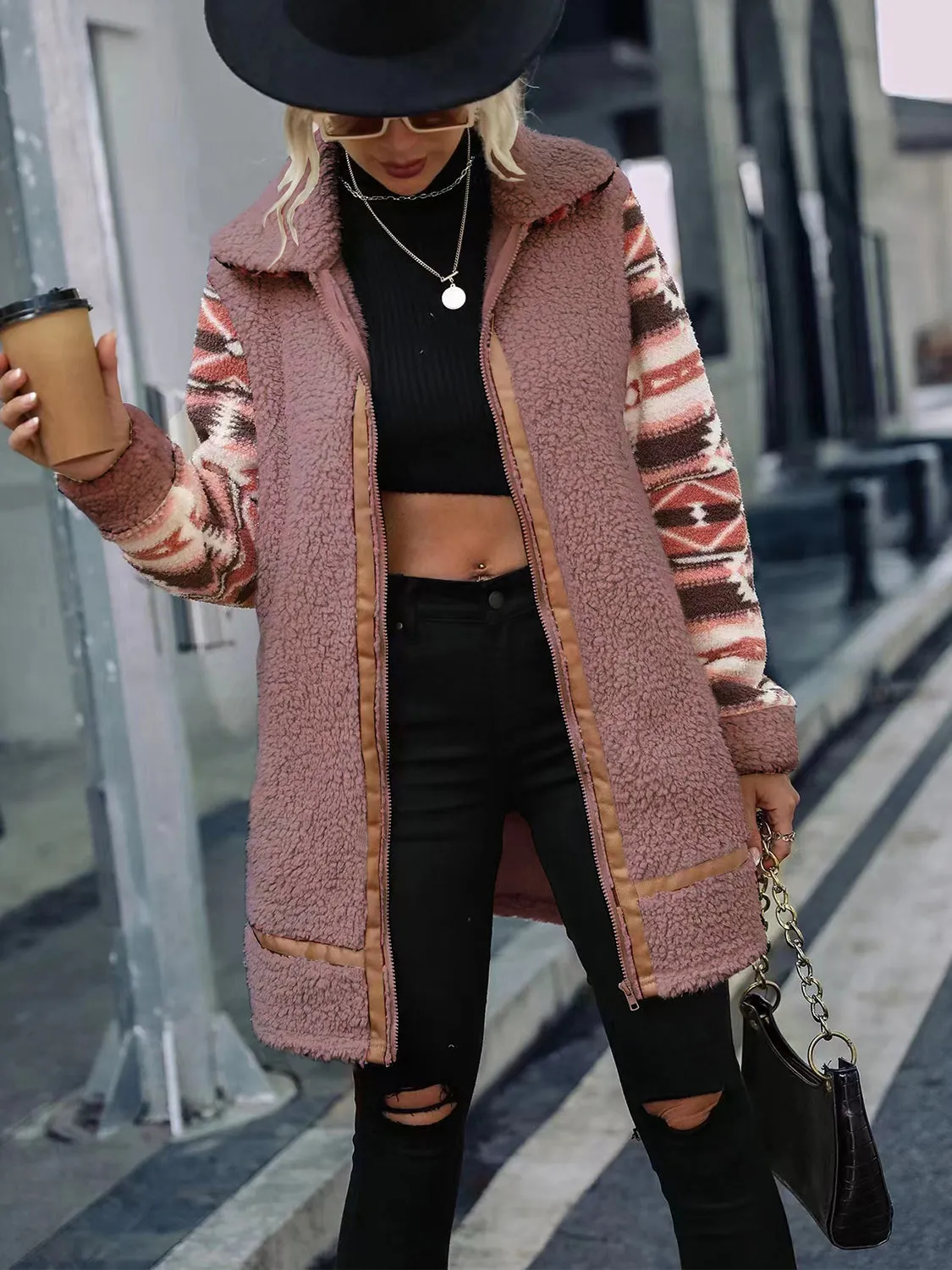 Ziggy Geometric Zip-Up Collared Sherpa Jacket
