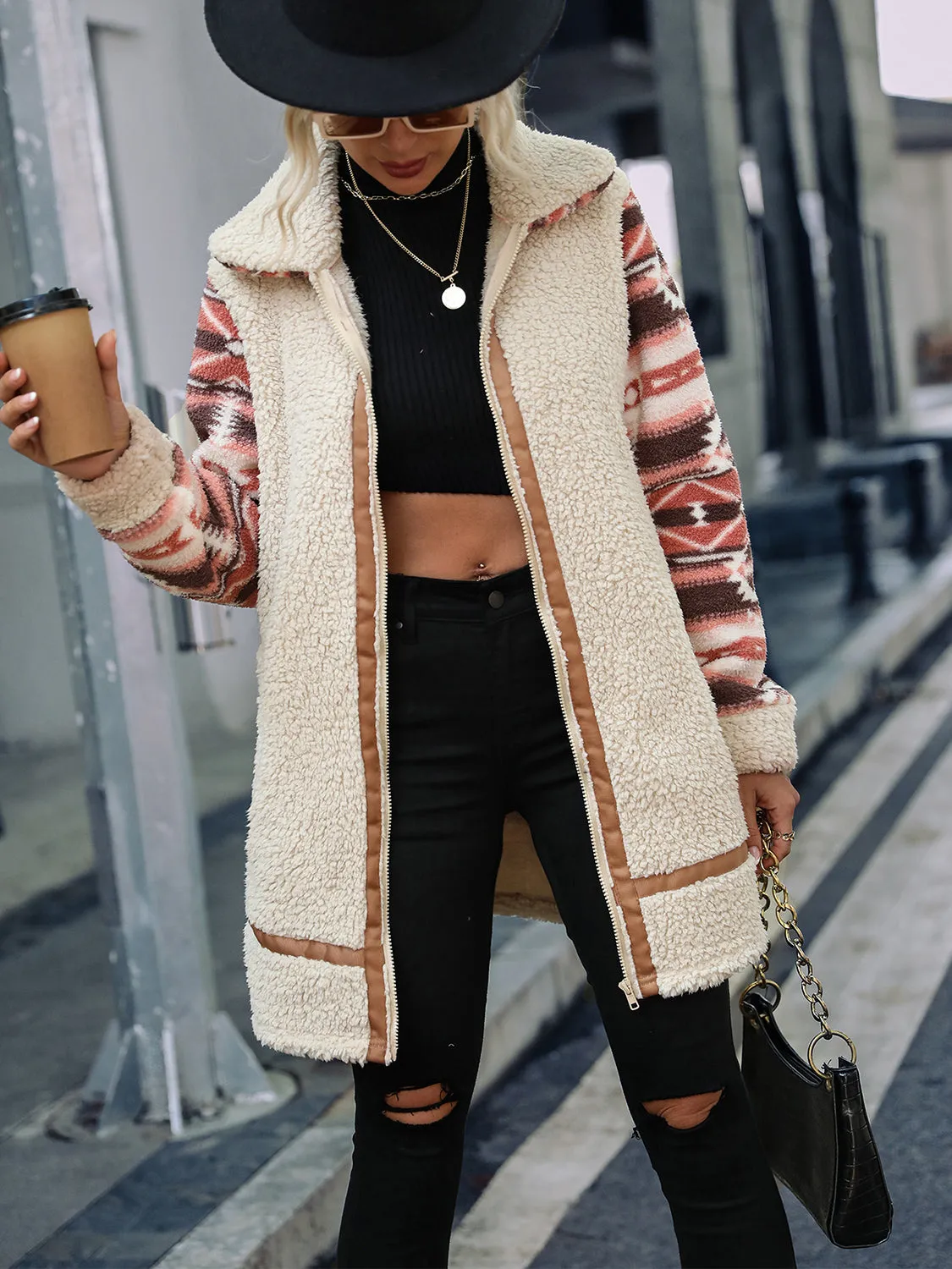 Ziggy Geometric Zip-Up Collared Sherpa Jacket