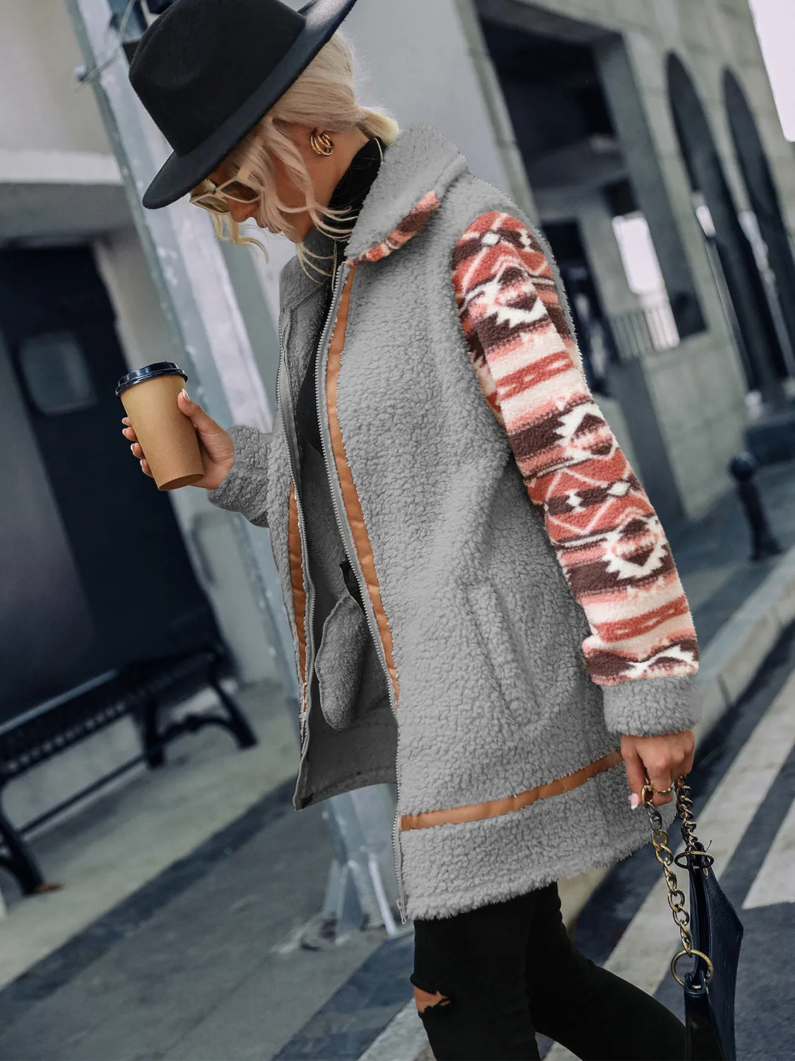 Ziggy Geometric Zip-Up Collared Sherpa Jacket