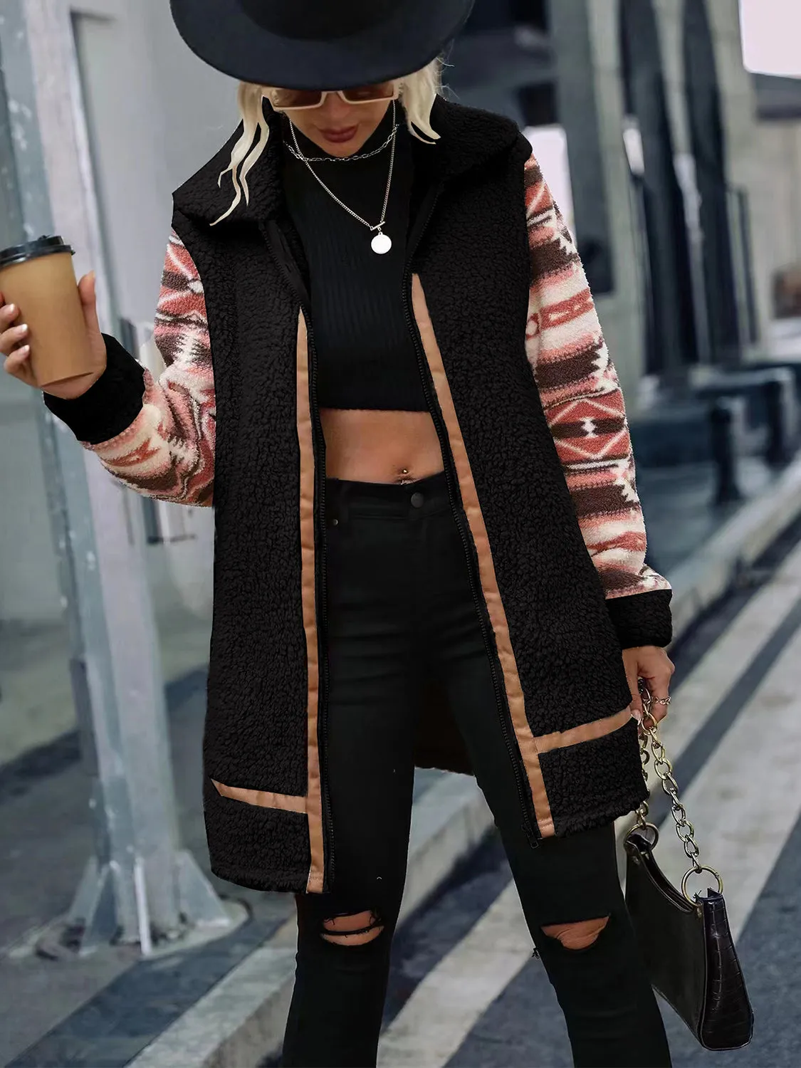 Ziggy Geometric Zip-Up Collared Sherpa Jacket