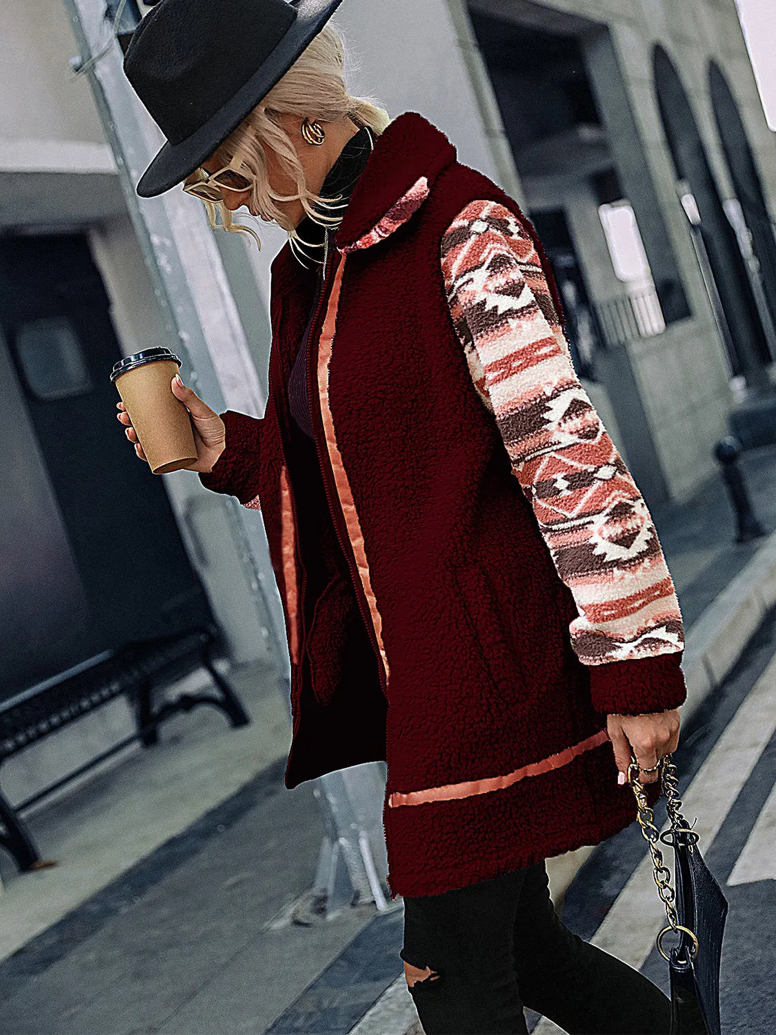 Ziggy Geometric Zip-Up Collared Sherpa Jacket