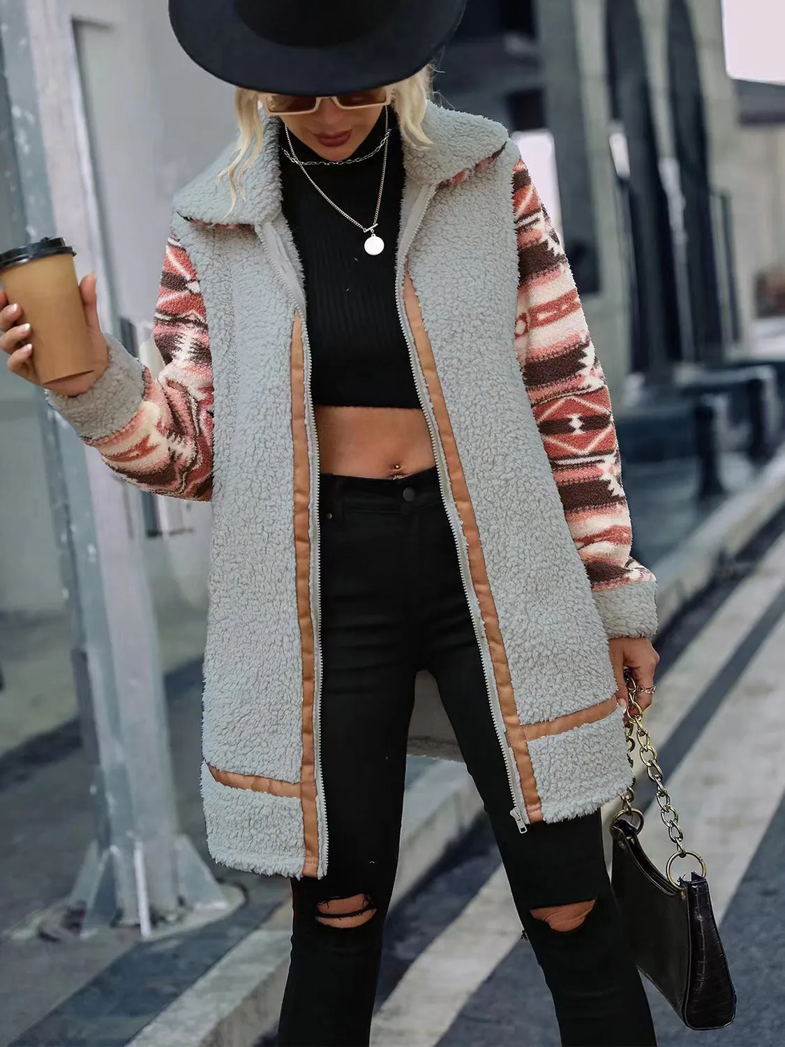 Ziggy Geometric Zip-Up Collared Sherpa Jacket