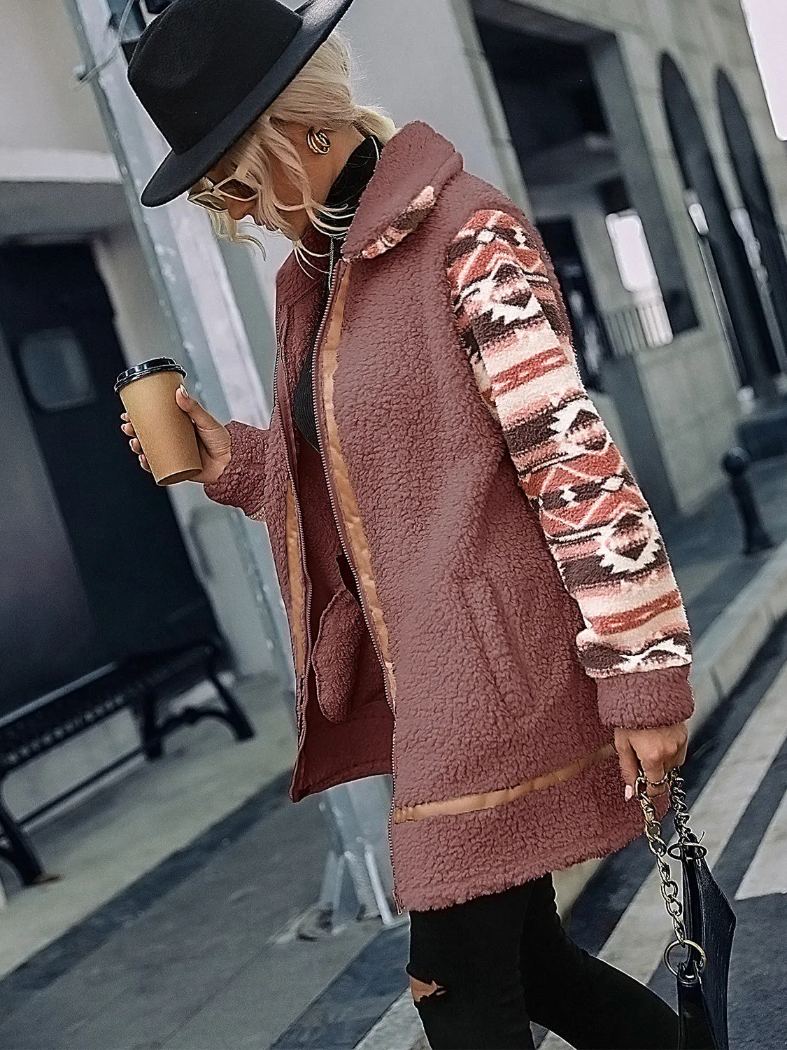 Ziggy Geometric Zip-Up Collared Sherpa Jacket