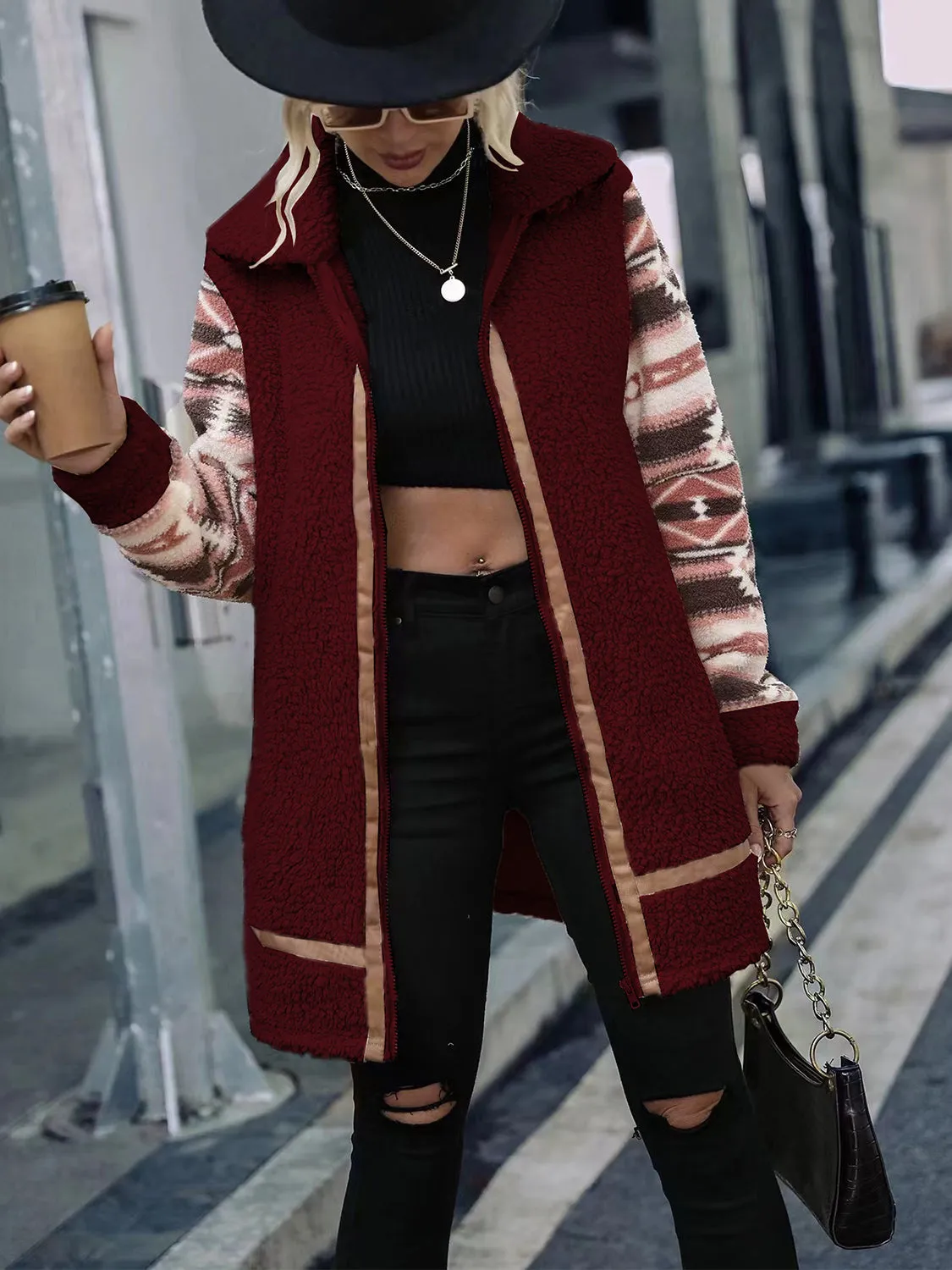 Ziggy Geometric Zip-Up Collared Sherpa Jacket