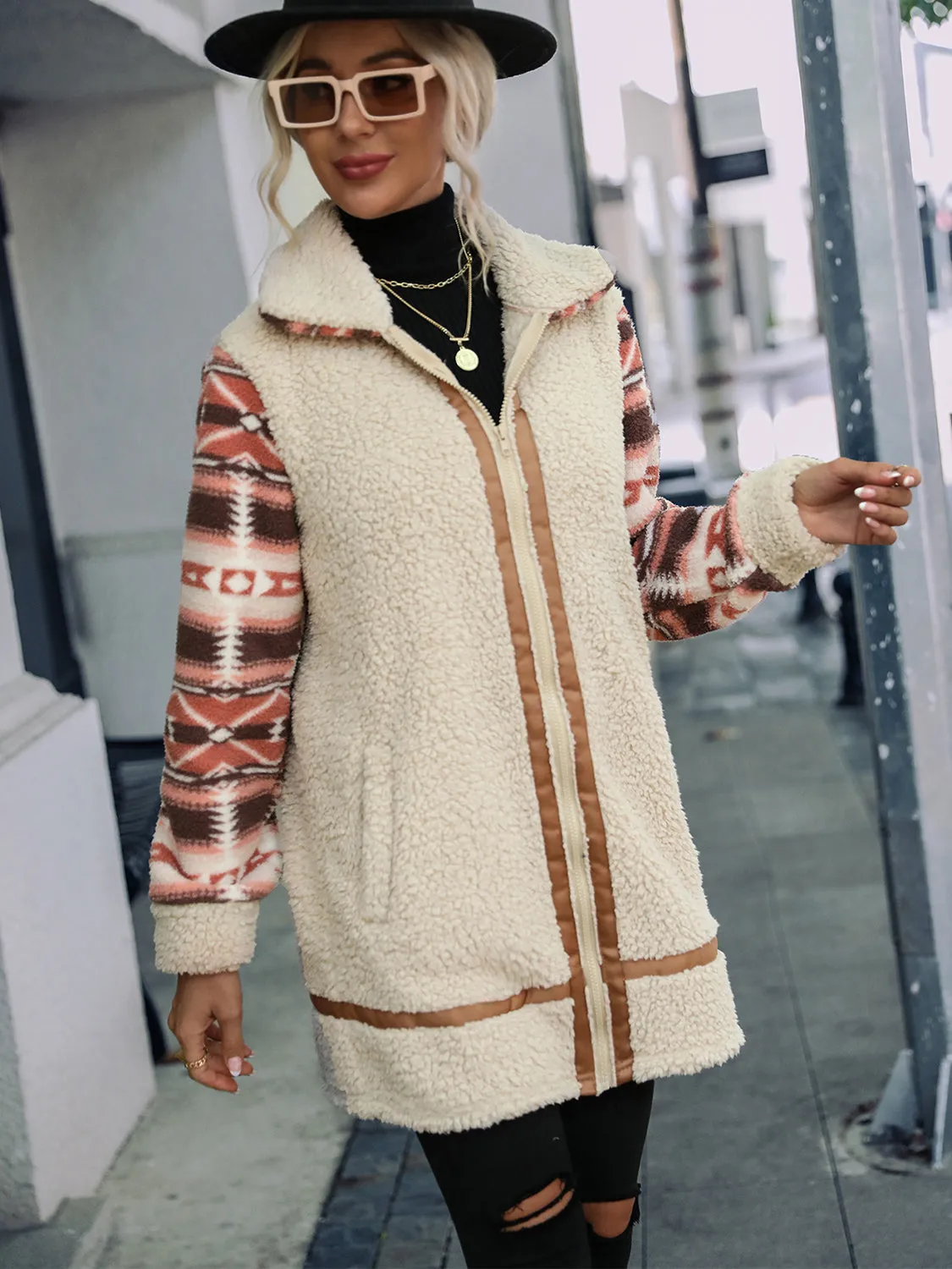 Ziggy Geometric Zip-Up Collared Sherpa Jacket