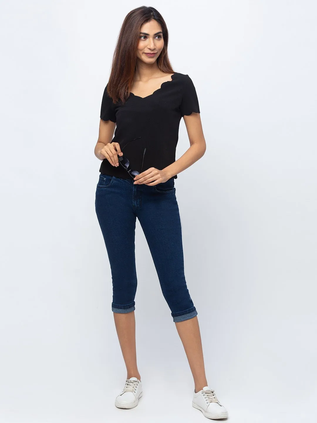 ZOLA Dx Blue Pencil Fit Culottes Length Denim Capris For Women