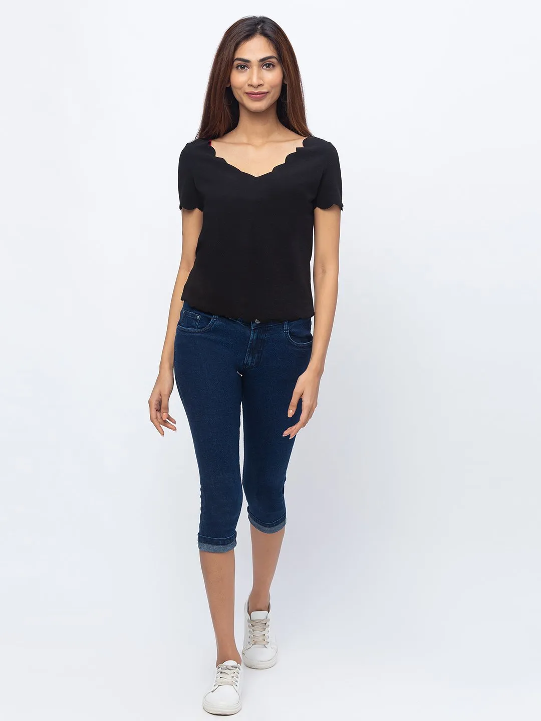 ZOLA Dx Blue Pencil Fit Culottes Length Denim Capris For Women