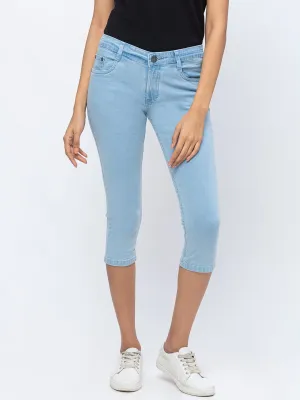 ZOLA Ice Blue Pencil Fit Culottes Length Denim Capris For Women