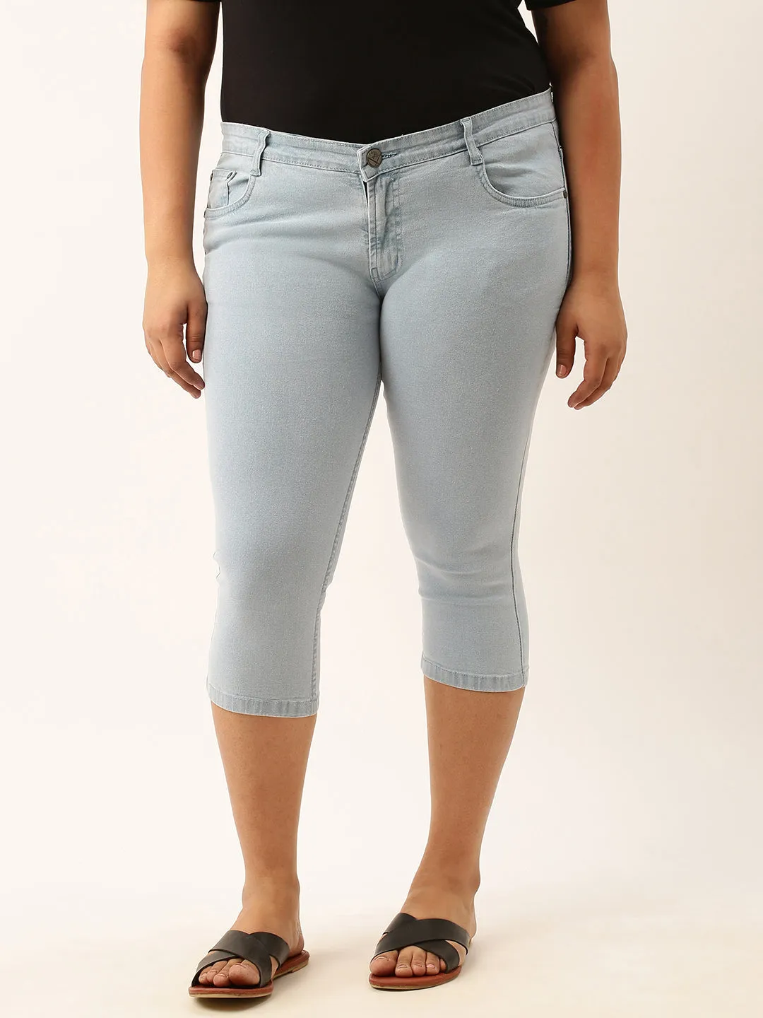 ZOLA Ice Blue Pencil Fit Culottes Length Denim Capris For Women