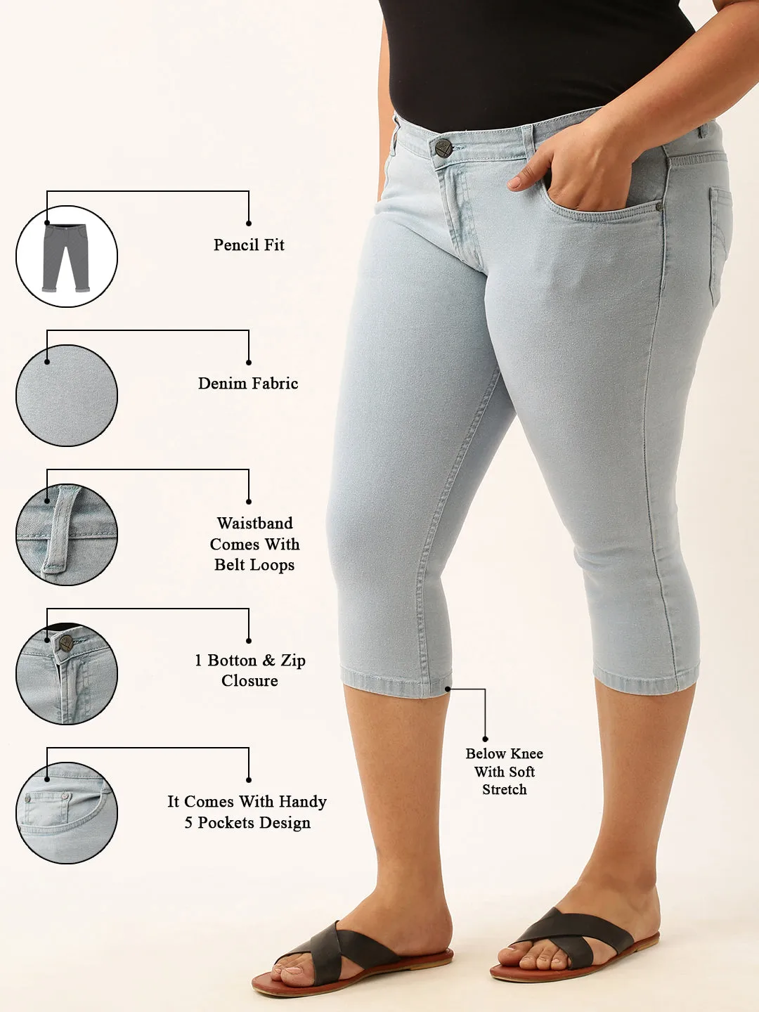 ZOLA Ice Blue Pencil Fit Culottes Length Denim Capris For Women