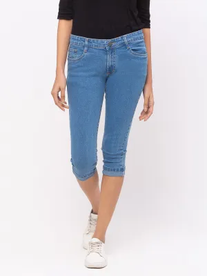 ZOLA Stone Blue Pencil Fit Culottes Length Denim Capris For Women