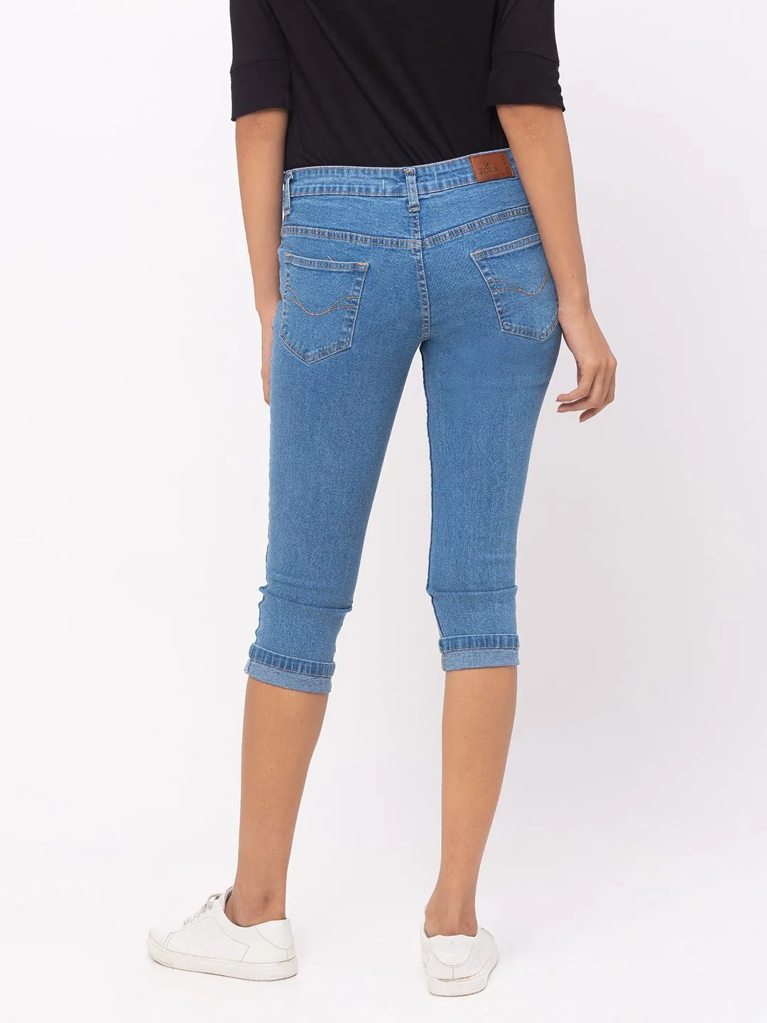 ZOLA Stone Blue Pencil Fit Culottes Length Denim Capris For Women