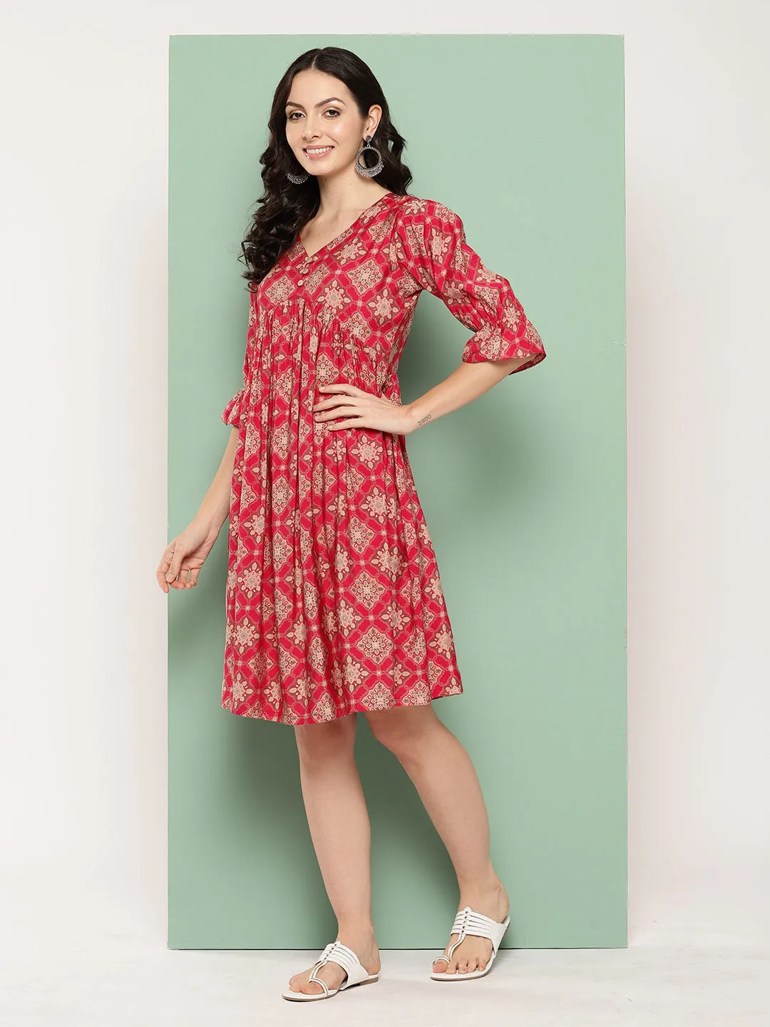 ZOLA V Neck Chanderi Silk All Over Traditional Motifs Print Pink Flare Ethnic Dress For Women