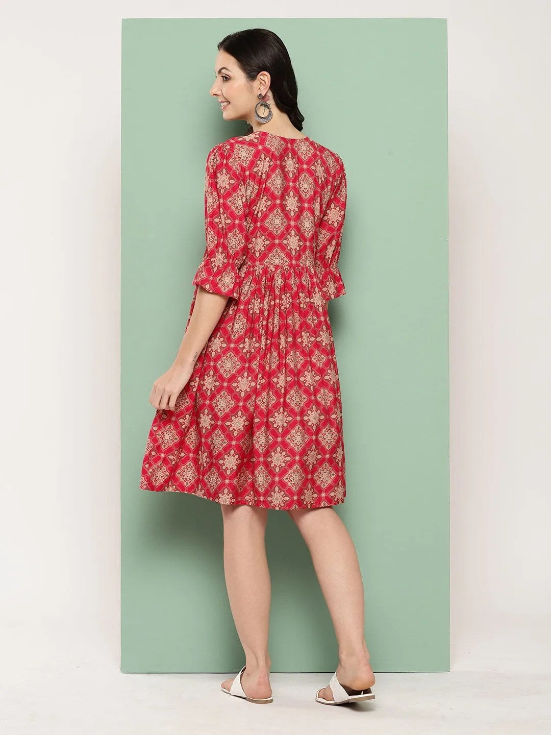 ZOLA V Neck Chanderi Silk All Over Traditional Motifs Print Pink Flare Ethnic Dress For Women