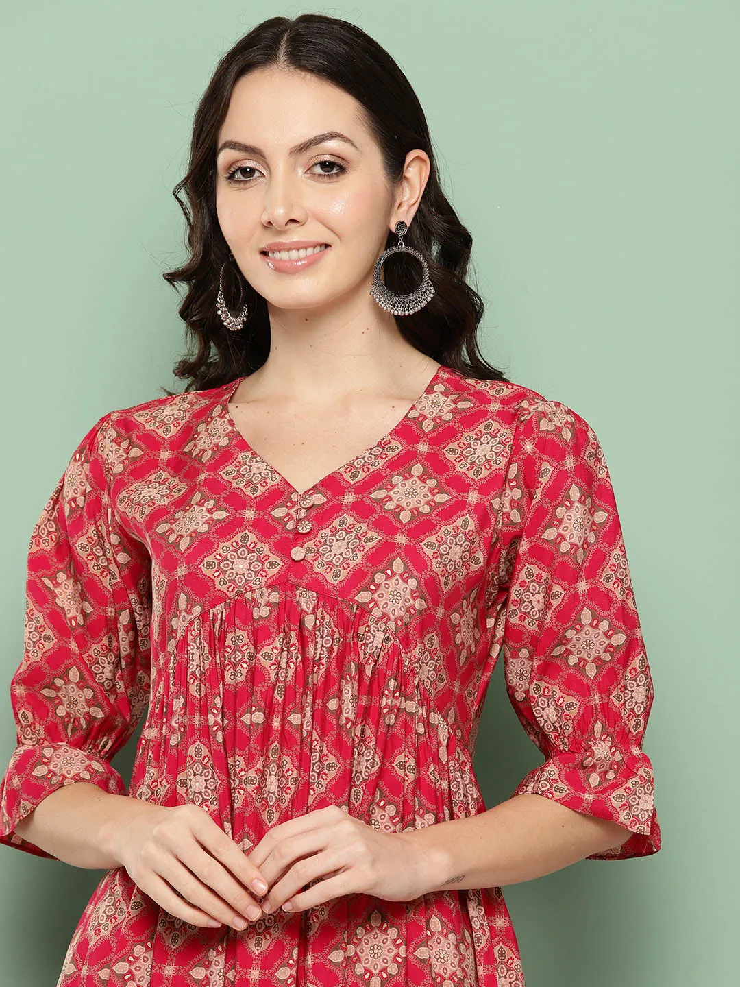 ZOLA V Neck Chanderi Silk All Over Traditional Motifs Print Pink Flare Ethnic Dress For Women