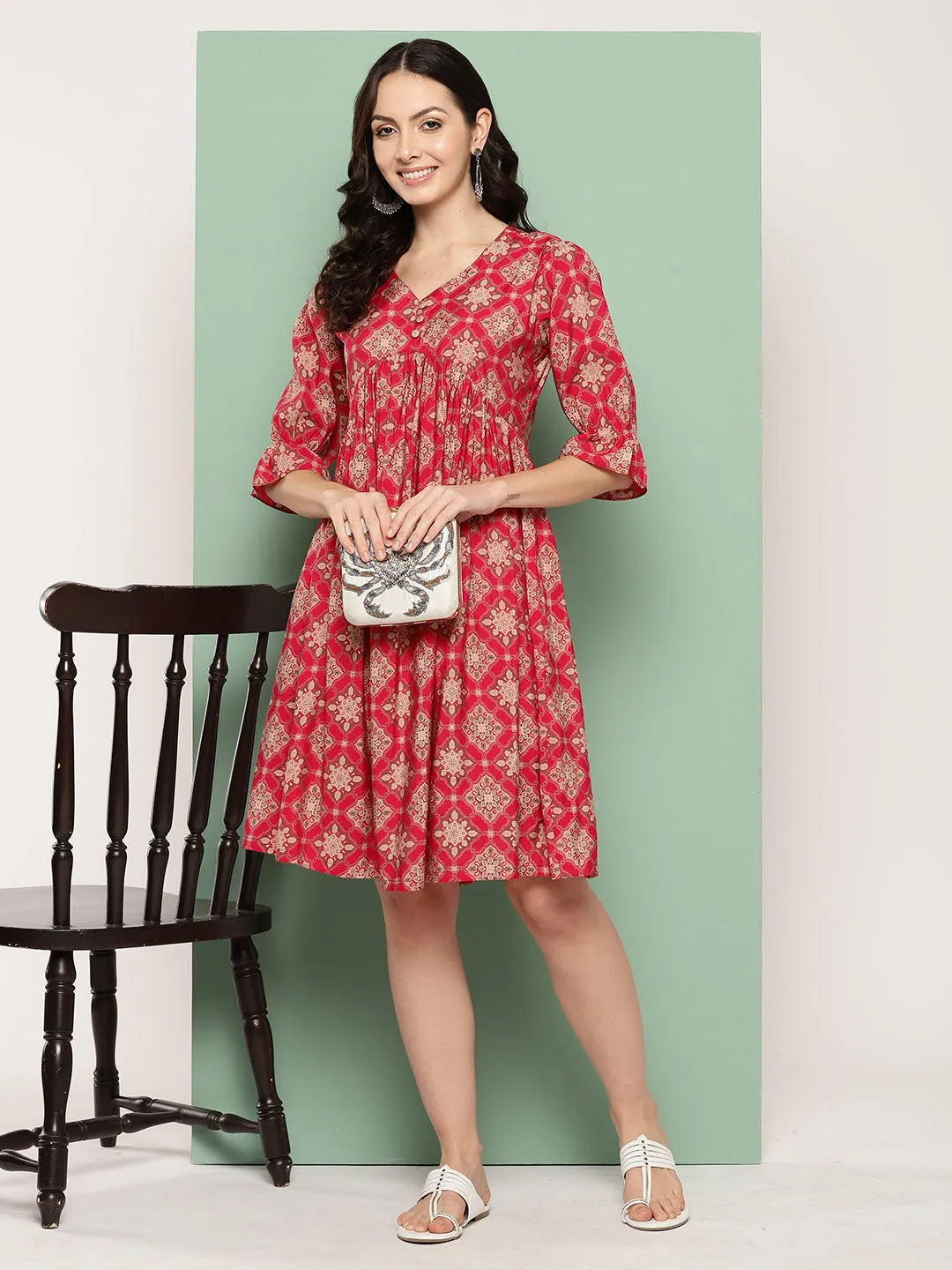 ZOLA V Neck Chanderi Silk All Over Traditional Motifs Print Pink Flare Ethnic Dress For Women