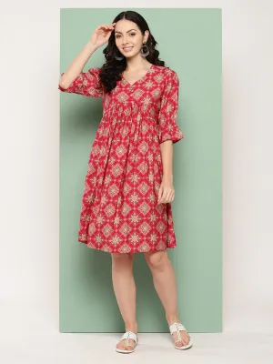 ZOLA V Neck Chanderi Silk All Over Traditional Motifs Print Pink Flare Ethnic Dress For Women