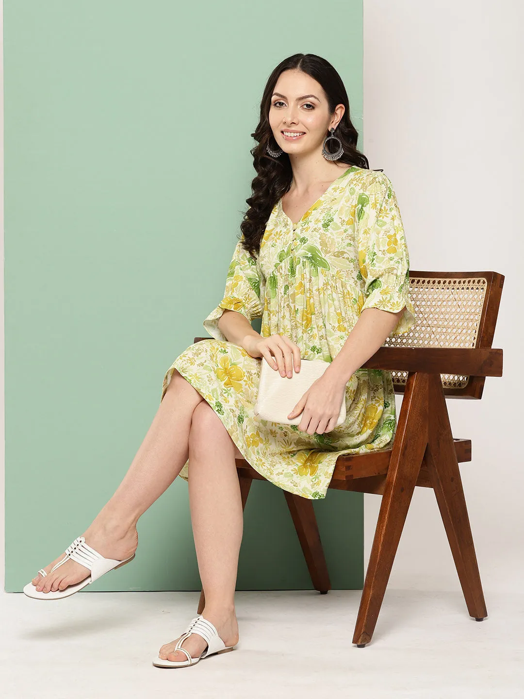 ZOLA V Neck Rayon All Over Pastel Floral Print Light Green Flare Ethnic Dress For Women