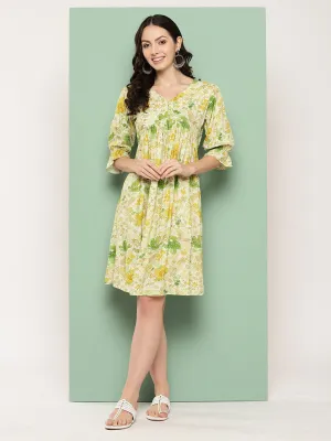 ZOLA V Neck Rayon All Over Pastel Floral Print Light Green Flare Ethnic Dress For Women