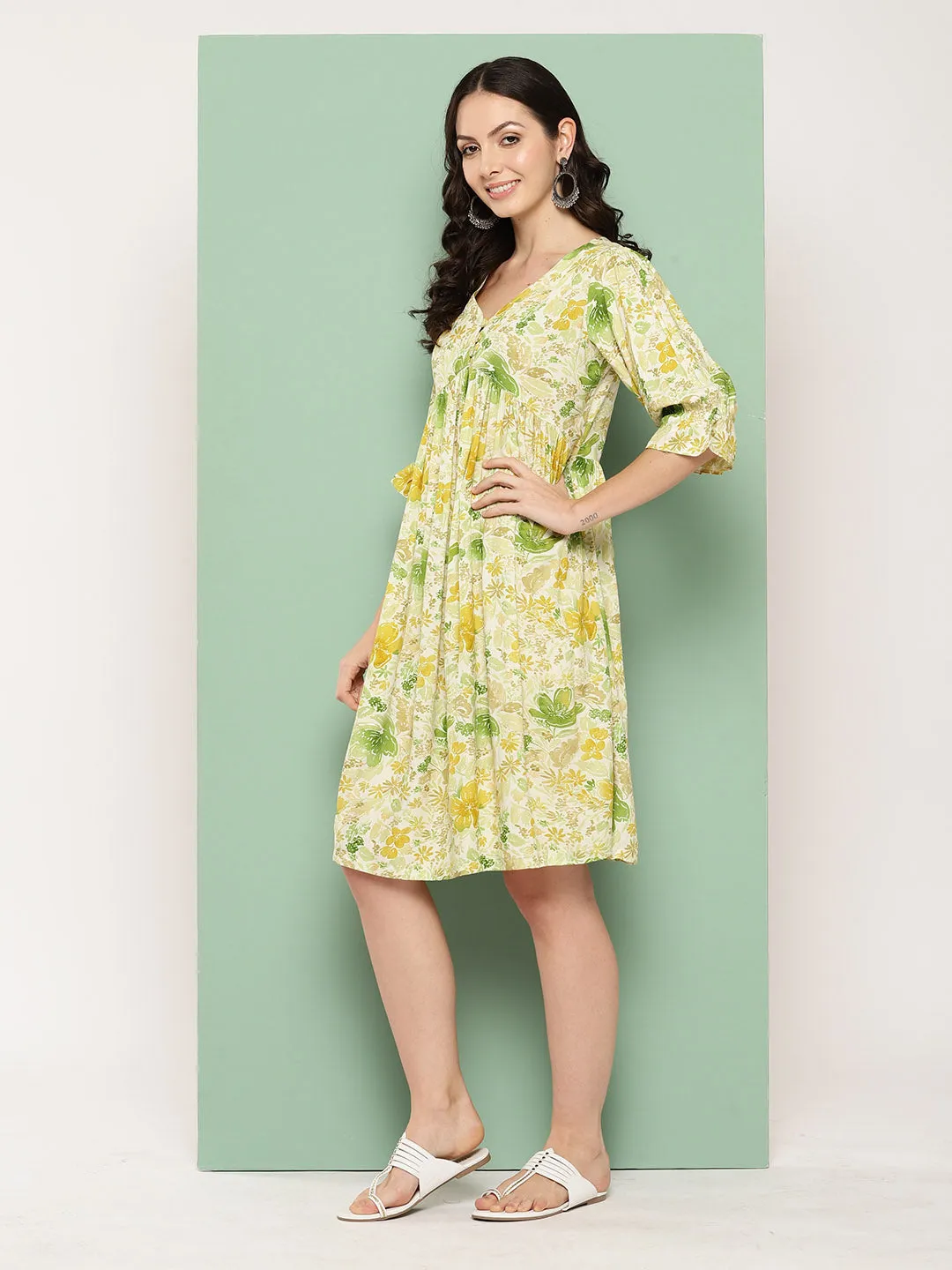 ZOLA V Neck Rayon All Over Pastel Floral Print Light Green Flare Ethnic Dress For Women