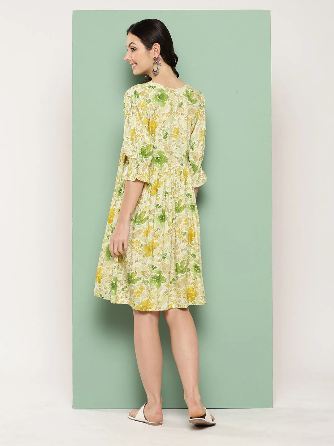ZOLA V Neck Rayon All Over Pastel Floral Print Light Green Flare Ethnic Dress For Women