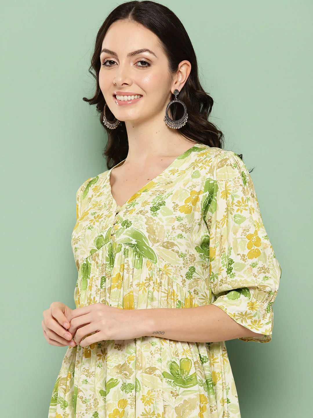 ZOLA V Neck Rayon All Over Pastel Floral Print Light Green Flare Ethnic Dress For Women